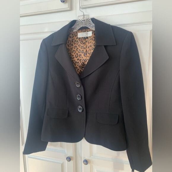 Tahari NEW Black 3-Button Cheetah Satin Lined Blazer Crop Jacket 10P $280MSRP - Picture 1 of 11
